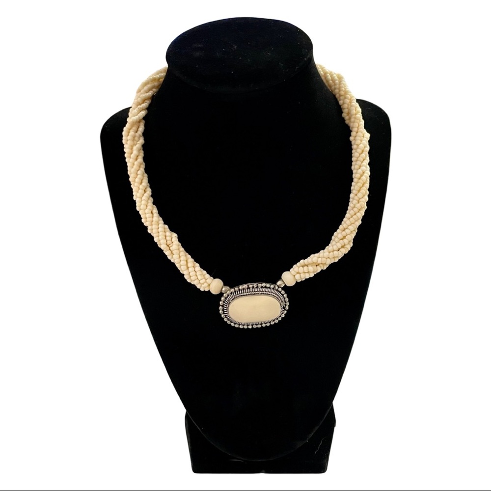 Ornate Hand Carved Bovine Bone Bead Multi Strand Pendant Necklace and Bracelet
